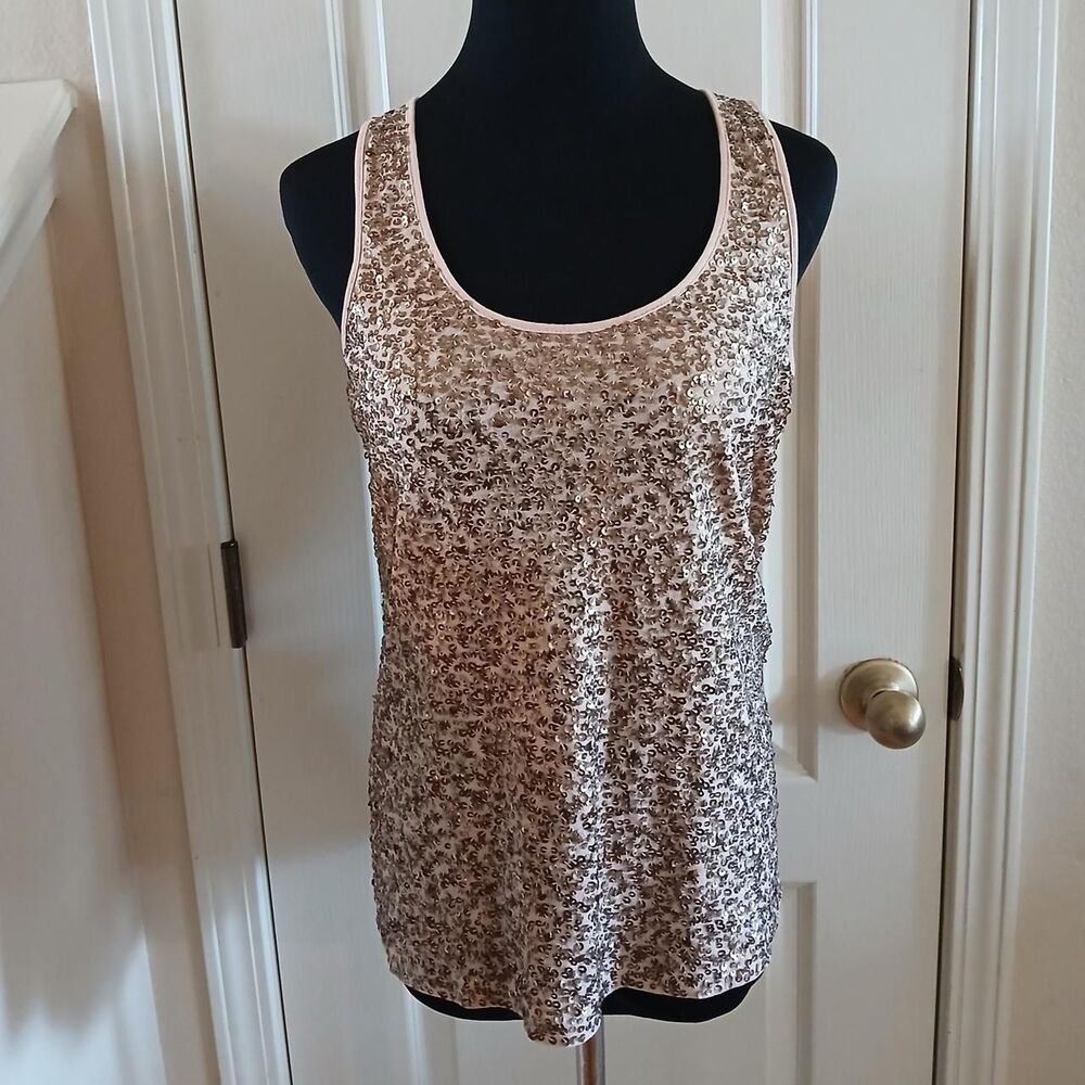 Y2K Style J. Crew Tan 100% Cotton Gold Sequin Tank Top S McBling Glam 2000s